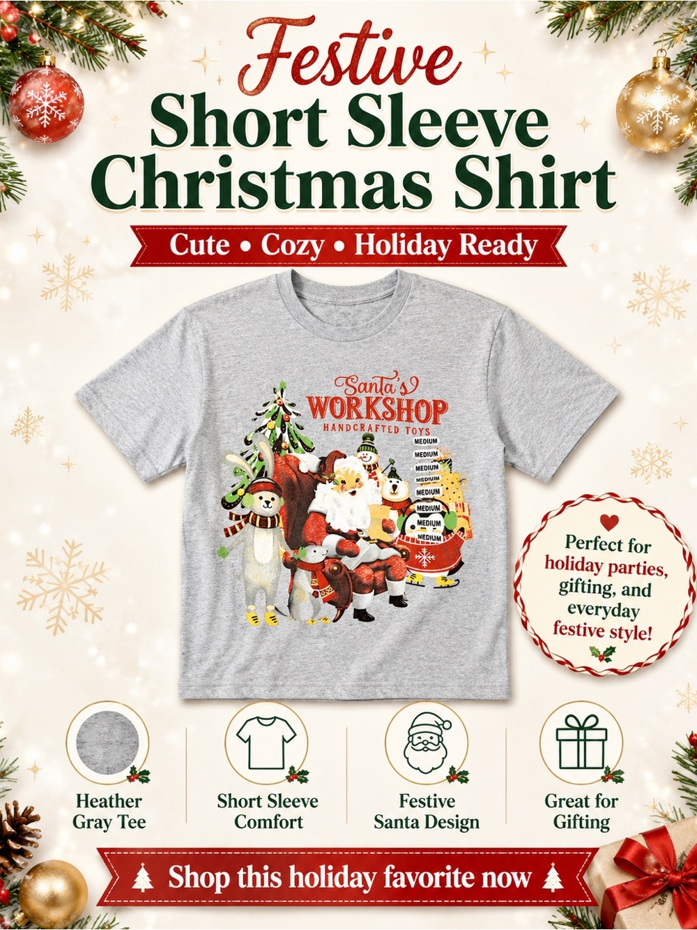 Festive Heather Gray Santa's Workshop Short Sleeve Kids Shirt